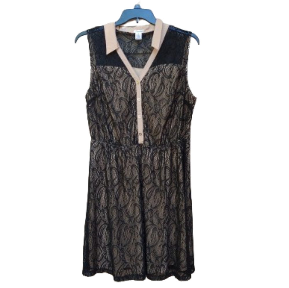 Candalite Plus Black Lace Overlay Dress Fit & Flare Collared Sleeveless